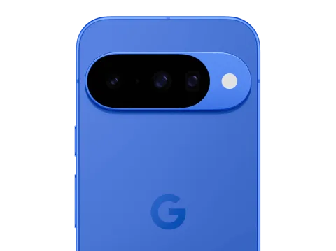 Google Pixel 10 in Indigo, close-up of the triple-lens camera bar