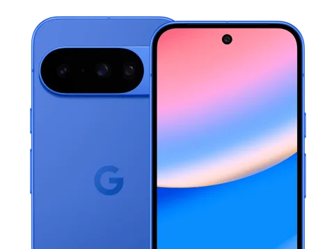 Google Pixel 10 in Indigo, two units shown front and back