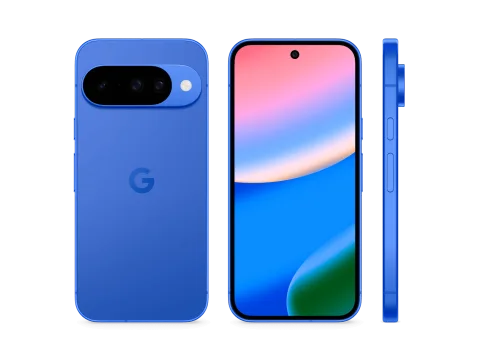 Google Pixel 10 in Indigo, shown from front, back, and side angles