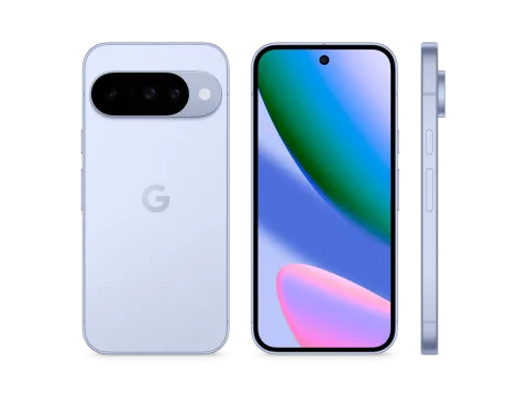 Google Pixel 10 in Frost, shown from front, back, and side angles