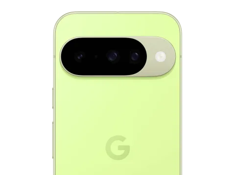 Google Pixel 10 in Lemongrass, close-up of the triple-lens camera bar