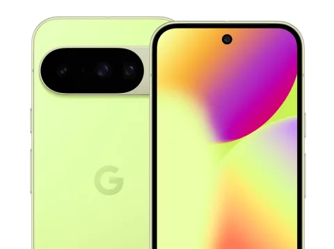 Google Pixel 10 in Lemongrass, two units shown front and back