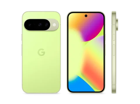 Google Pixel 10 in Lemongrass, shown from front, back, and side angles