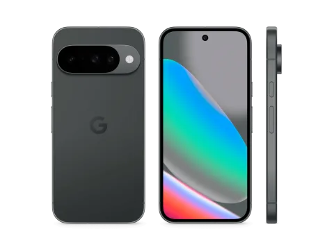 Google Pixel 10 in Obsidian, shown from front, back, and side angles