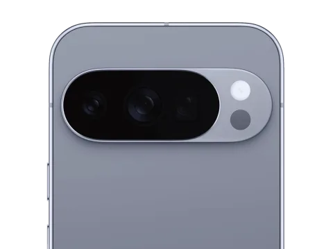 Google Pixel 10 Pro in Moonstone, camera bar close-up