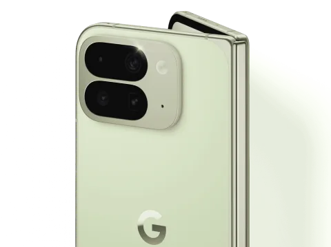 Pixel 10 Pro Fold, slightly unfolded for a peek at the big screen