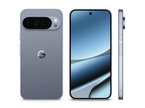 Google Pixel 10 Pro XL in Moonstone, front, back and side angles