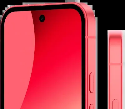 Google Pixel 10a in Berry, 3/4 front view next to a flat side profile