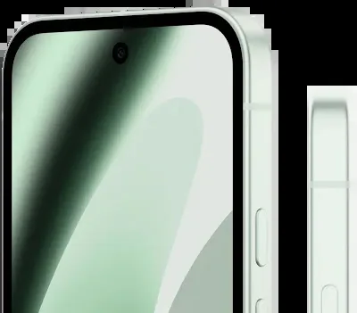 Google Pixel 10a in Fog, 3/4 front view next to a flat side profile