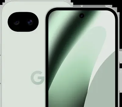 Google Pixel 10a in Fog, front and back view side by side