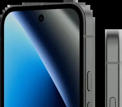 Google Pixel 10a in Obsidian, 3/4 front view next to a flat side profile