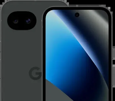 Google Pixel 10a in Obsidian, front and back view side by side
