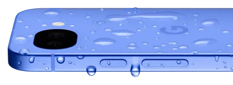 Google Pixel 10a in Lavender, close-up of the camera bar and top edge dripping with water