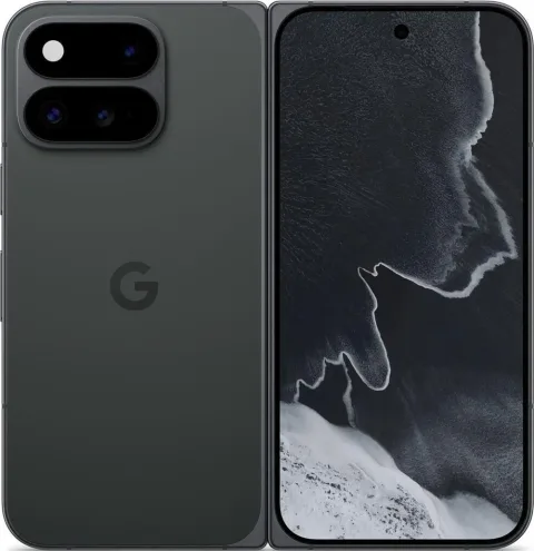 Google Pixel 11 Pro Fold in Obsidian, unfolded flat showing front display and rear camera bar