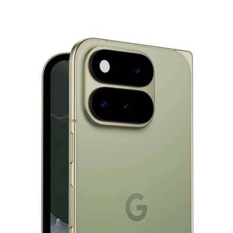 Google Pixel 11 Pro Fold in Olive, studio 3/4 shot of the folded back and camera bar with the unfolded inner screen visible behind