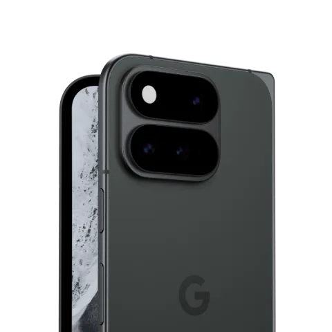 Google Pixel 11 Pro Fold in Obsidian, studio 3/4 shot of the folded back and camera bar with the unfolded inner screen visible behind