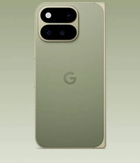 Google Pixel 11 Pro Fold in Olive, folded back view showing off the Pixel Camera bar