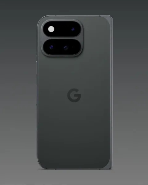Google Pixel 11 Pro Fold in Obsidian, folded back view showing off the Pixel Camera bar