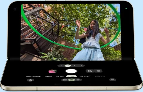 Google Pixel 11 Pro Fold in Olive, front-on in tabletop mode using the camera app