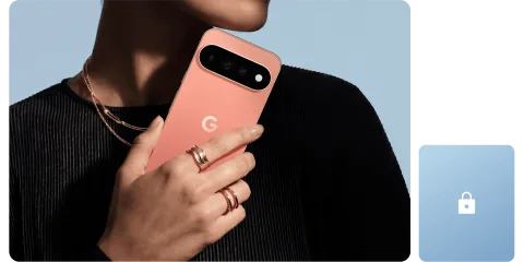 A person holding their Google Pixel 11 Pro close, with a lock icon in the corner.