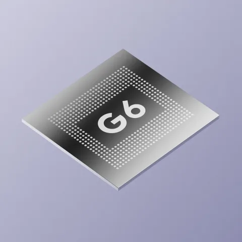 Rotating, gleaming Google Tensor G6 chip.