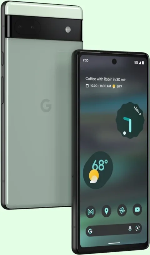 Front and back of Google Pixel 6a in Sage