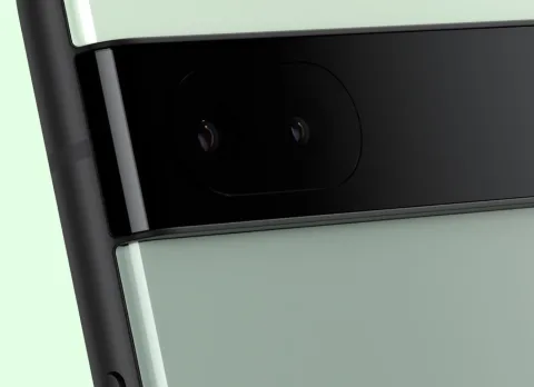 Close-up of the camera on the back of a Google Pixel 6a in Sage