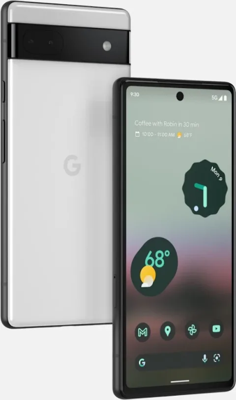 Front and back of Google Pixel 6a in Chalk