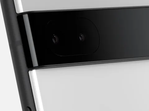 Close-up of the camera on the back of a Google Pixel 6a in Chalk