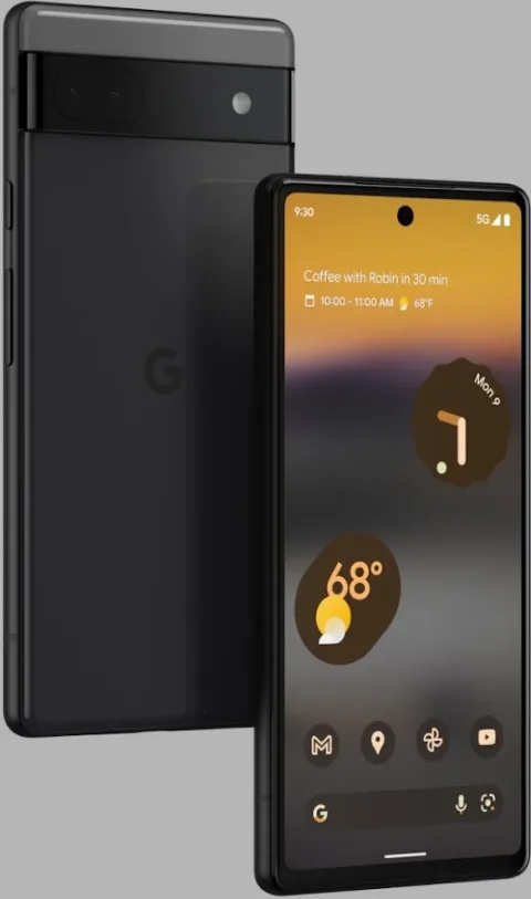 Front and back of Google Pixel 6a in Charcoal