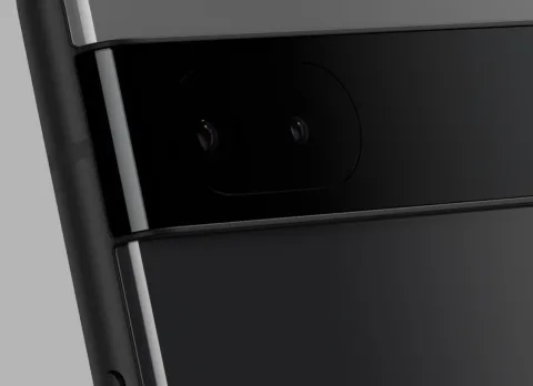 Close-up of the camera on the back of a Google Pixel 6a in Charcoal