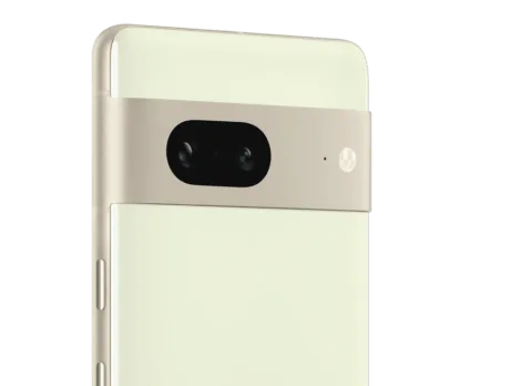 Close-up of the back of Pixel 7 in Lemongrass, showing its camera lenses