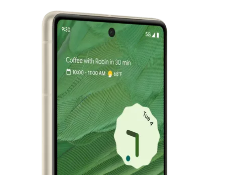 Angled front screen of Pixel 7 in Lemongrass
