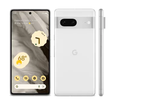 Front, back, and side view of Pixel 7 in Snow