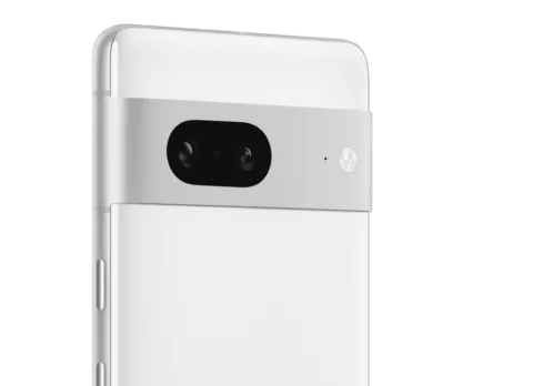 Close-up of the back of Pixel 7 in Snow, showing its camera lenses