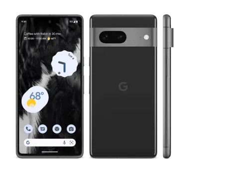 Front, back, and side view of Pixel 7 in Obsidian