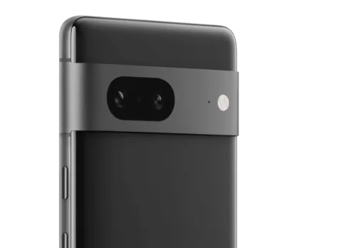 Close-up of the back of Pixel 7 in Obsidian, showing its camera lenses