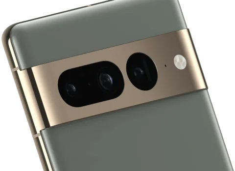 Close-up of the back of Pixel 7 Pro in Hazel with its three camera lenses