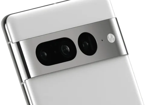 Close-up of the back of Pixel 7 Pro in Snow with its three camera lenses