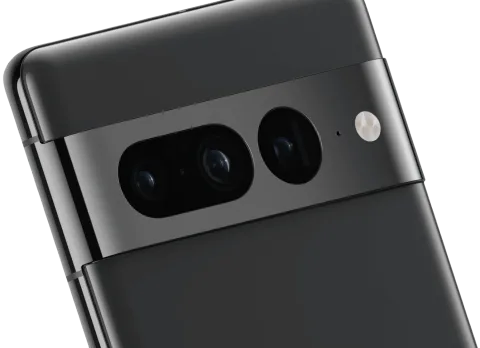 Close-up of the back of Pixel 7 Pro in Obsidian with its three camera lenses