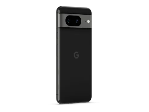 Google Pixel 8 in Obsidian, angled rear view showing camera bar