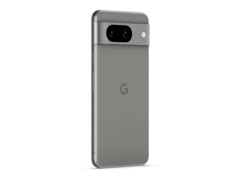 Google Pixel 8 in Hazel, angled rear view showing camera bar