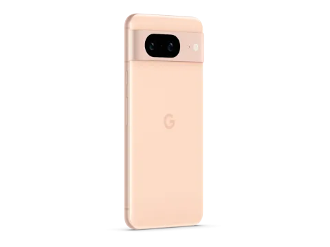 Google Pixel 8 in Rose, angled rear view showing camera bar