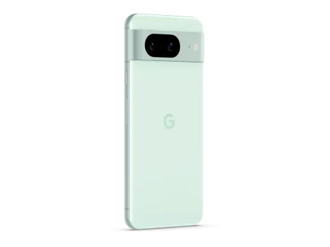 Google Pixel 8 in Mint, angled rear view showing camera bar