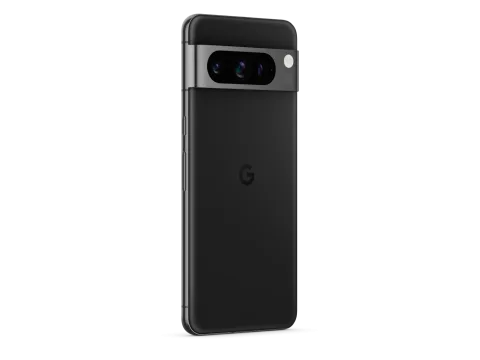 Google Pixel 8 Pro in Obsidian, angled rear view showing triple camera bar