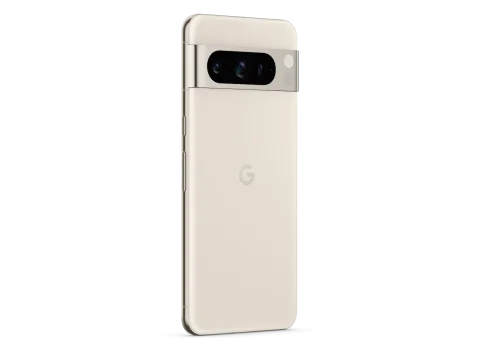 Google Pixel 8 Pro in Porcelain, angled rear view showing triple camera bar