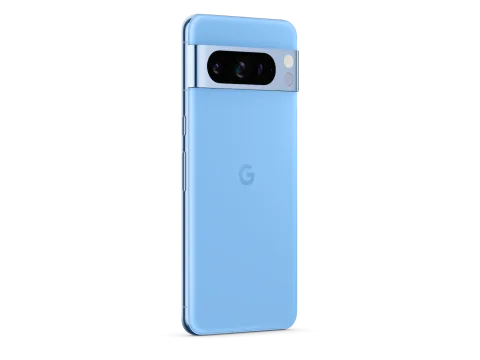 Google Pixel 8 Pro in Bay, angled rear view showing triple camera bar