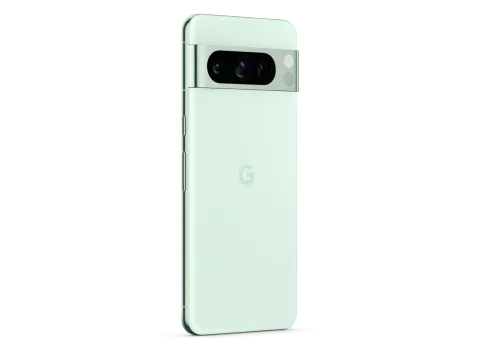 Google Pixel 8 Pro in Mint, angled rear view showing triple camera bar