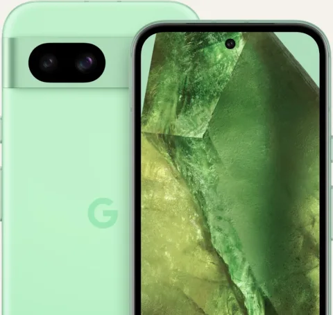 Google Pixel 8a in Aloe, front and back