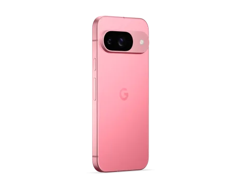 Google Pixel 9 in Peony, angled rear view showing camera bar